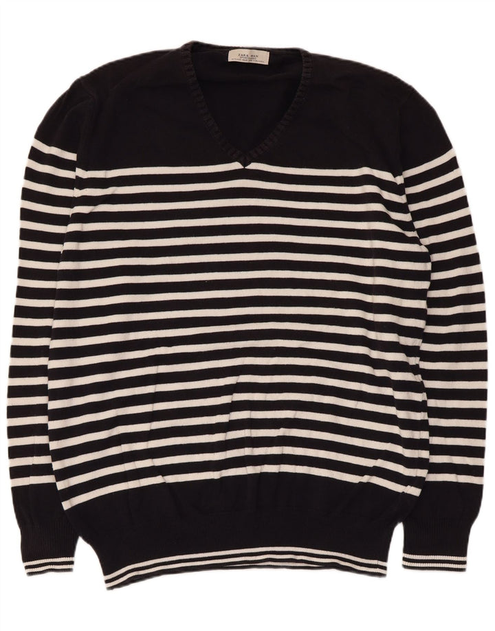 Zara Pull Col V Homme XL Noir Rayé