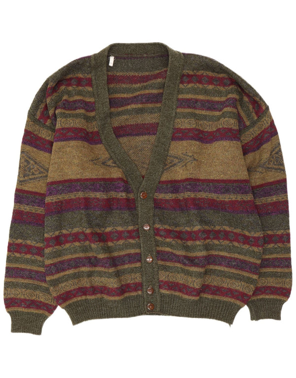 Vintage hommes coupe régulière Cardigan pull 2XL vert rayé Polyamide rétro