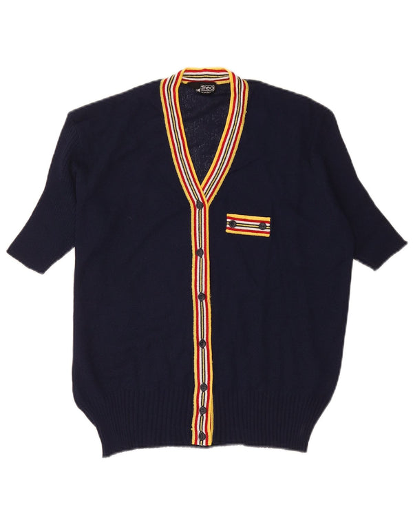 vintage Femme Manches Courtes Cardigan Pull UK 12 Bleu Marine Moyen