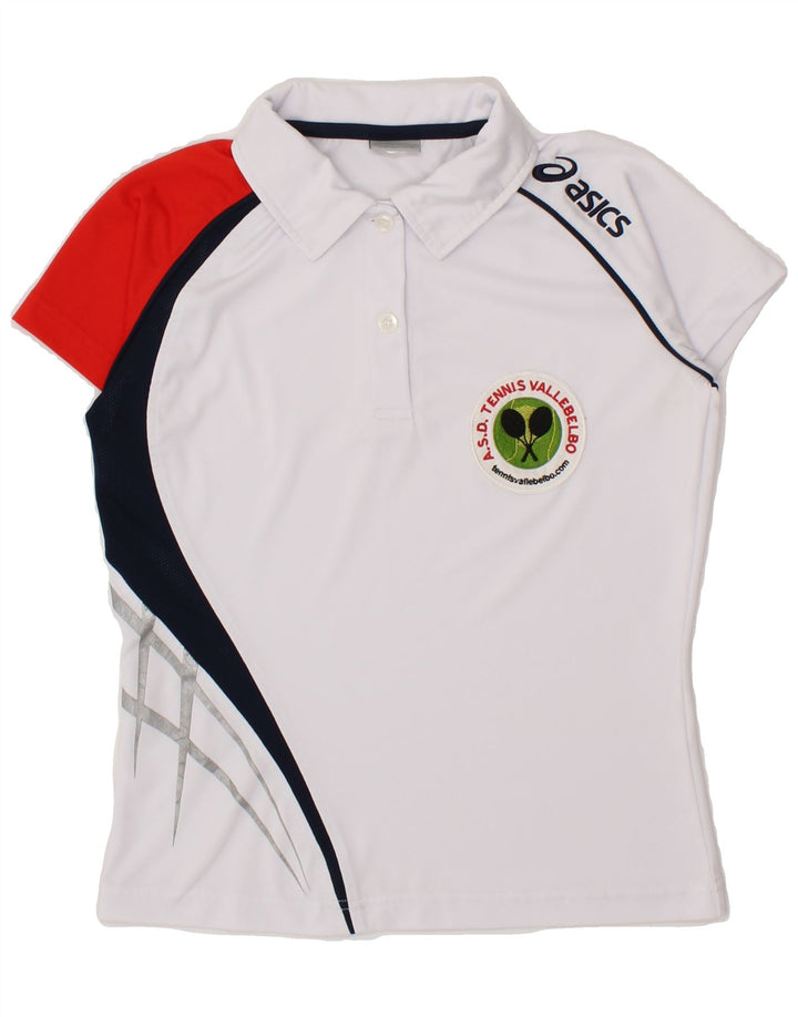 ASICS Womens Graphic Polo Shirt UK 10 Small White Colourblock Polyester Vintage Asics and Second-Hand Asics from Messina Hembry 