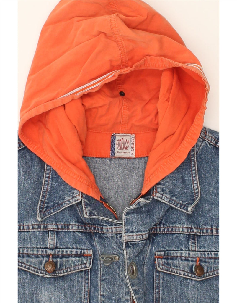 FIORUCCI Girls Crop Hooded Denim Jacket 14-15 Years Blue Colourblock Vintage Fiorucci and Second-Hand Fiorucci from Messina Hembry 