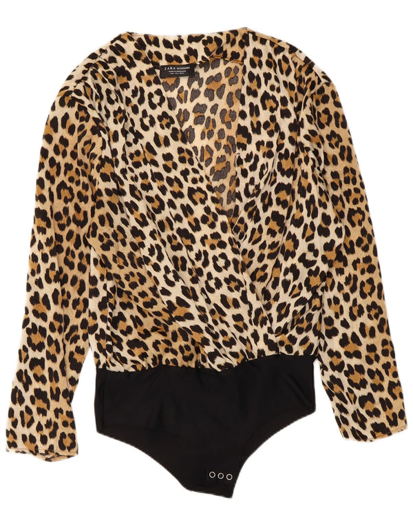 Zara Body à manches longues pour femme UK 10 Petit marron imprimé animal en polyamide
