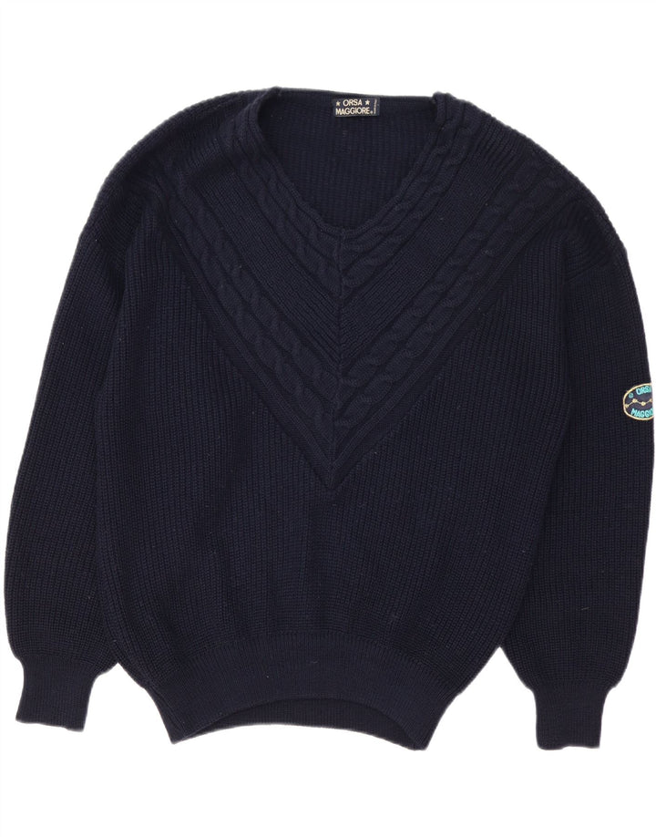 vintage Homme Col V Jumper Pull XL Bleu Marine Laine