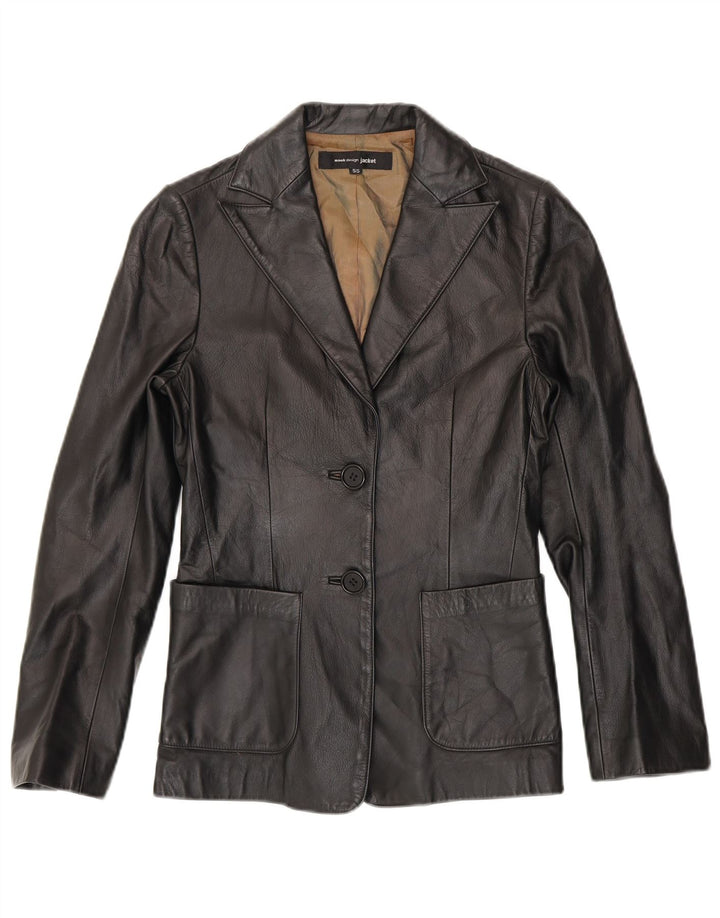 vintage Femmes 2 Bouton Veste Blazer En Cuir UK 10 Petit Noir
