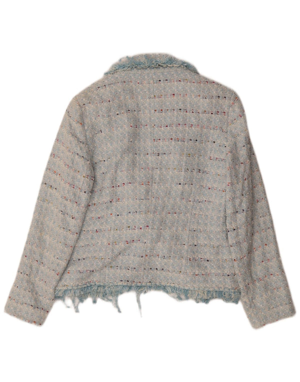 Jaeger Veste Blazer Ouverte Femme UK 14 Coton Rayé Bleu Moyen