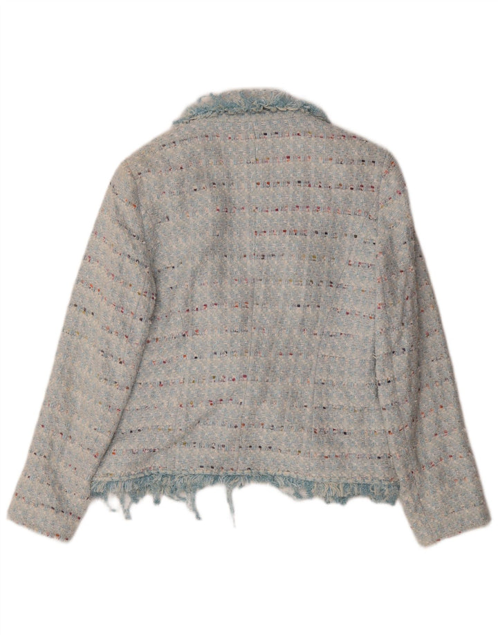Jaeger Veste Blazer Ouverte Femme UK 14 Coton Rayé Bleu Moyen