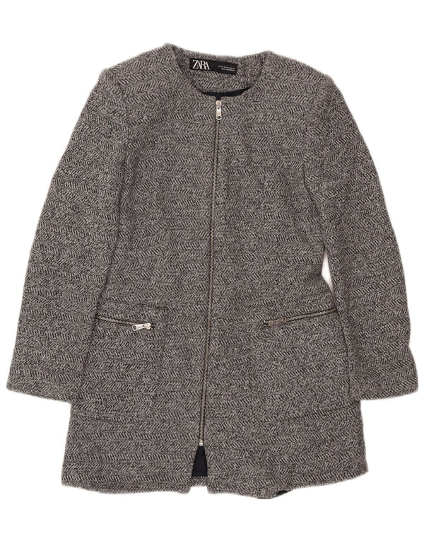 ZARA Veste blazer longue en tricot pour femme UK 6 XS Gris à chevrons en coton