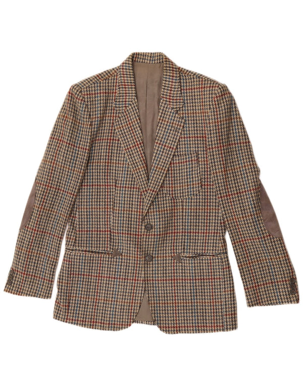 vintage Homme 2 Bouton Blazer Veste IT 46 Petite Laine Beige Pied-de-Poule