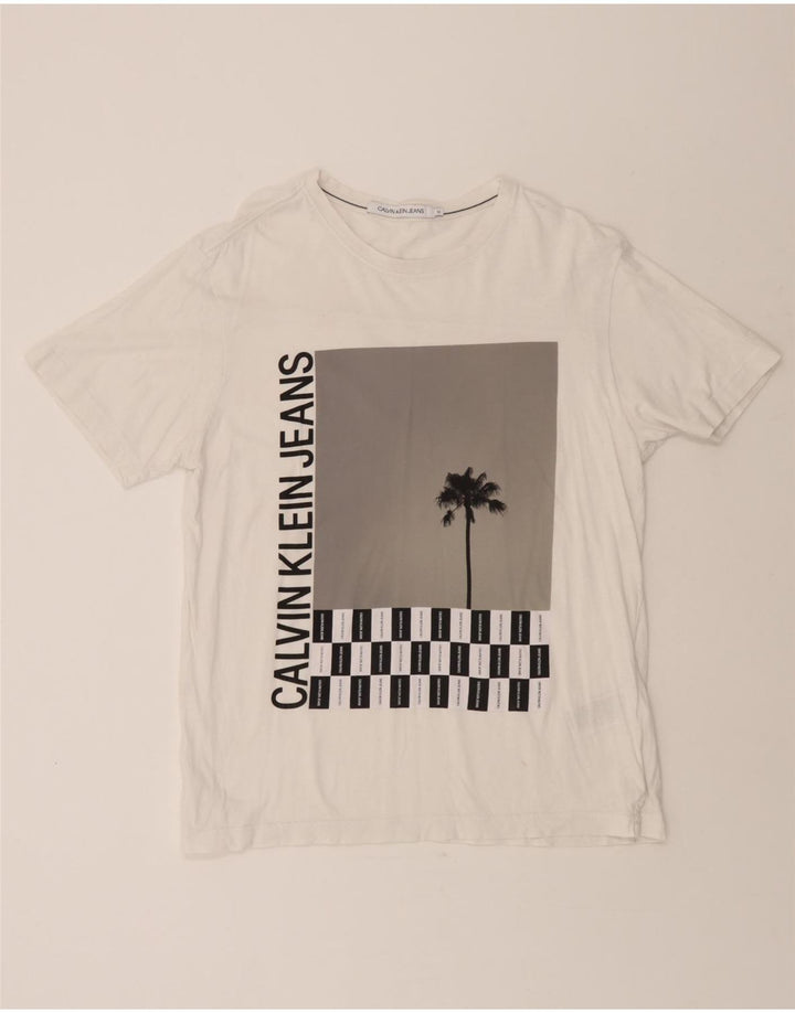 CALVIN KLEIN Mens Graphic T-Shirt Top Medium White Cotton Vintage Calvin Klein and Second-Hand Calvin Klein from Messina Hembry 