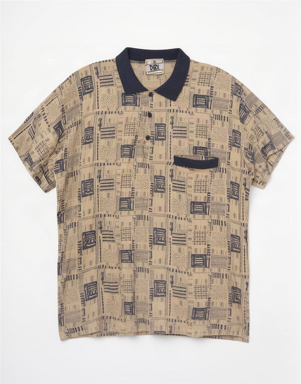 vintage Homme Manches Courtes Pull Chemise XL Beige Patchwork Viscose