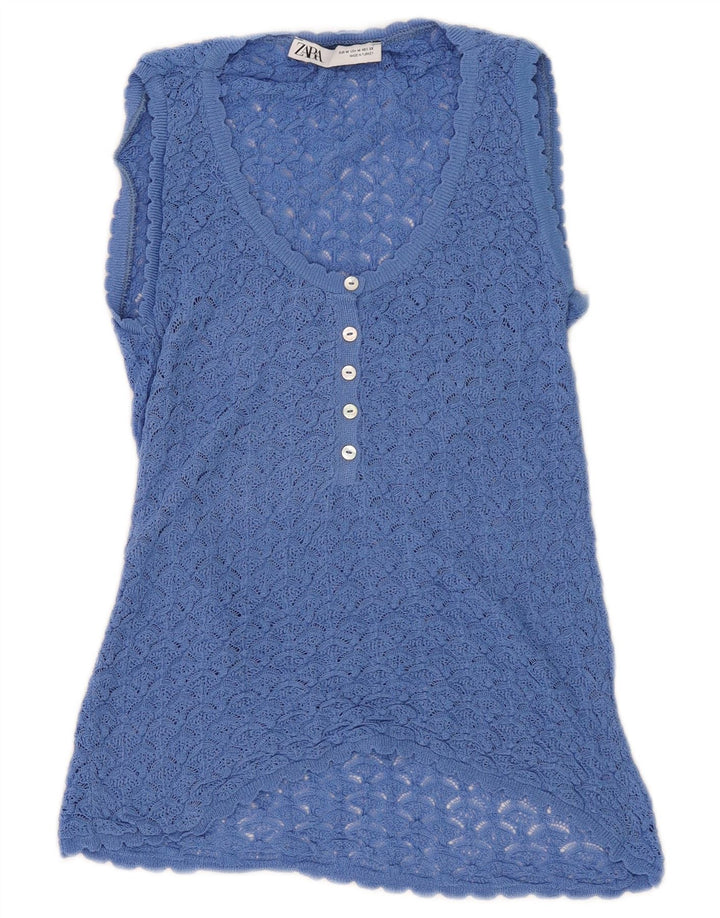 Zara Womens Blouse sans manches au crochet Top UK 12 Bleu moyen