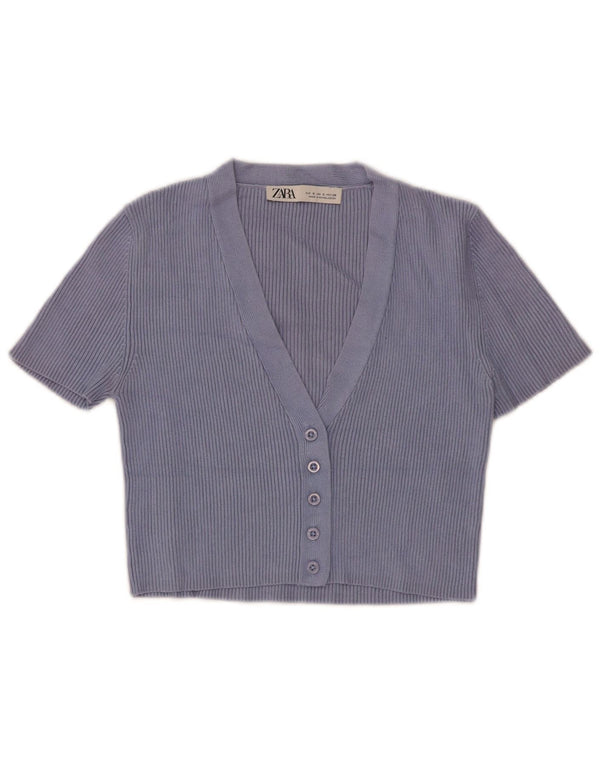 Zara Womens Crop Short Sleeve Cardigan Pull UK 8 Petit Bleu Viscose