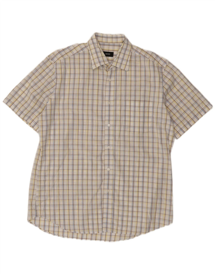 HUGO BOSS Chemise à manches courtes pour homme Taille 16 1/2 42 Grand coton à carreaux blancs