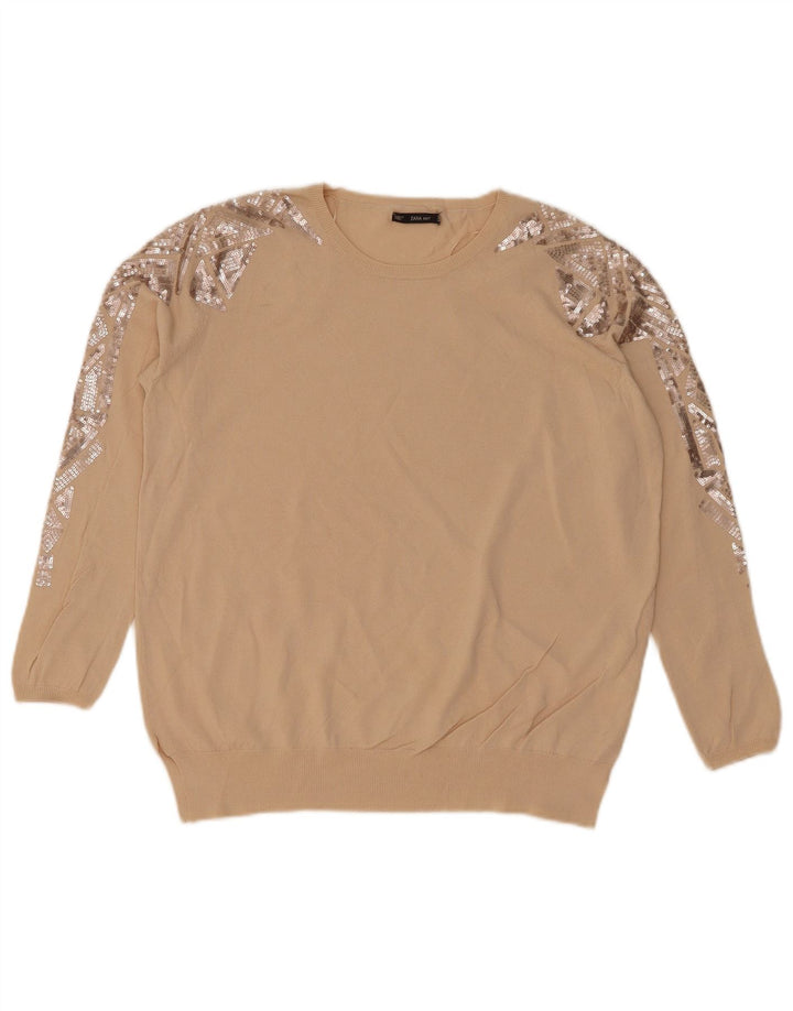 Zara Pull ras du cou pour femme UK 14 Beige moyen géométrique