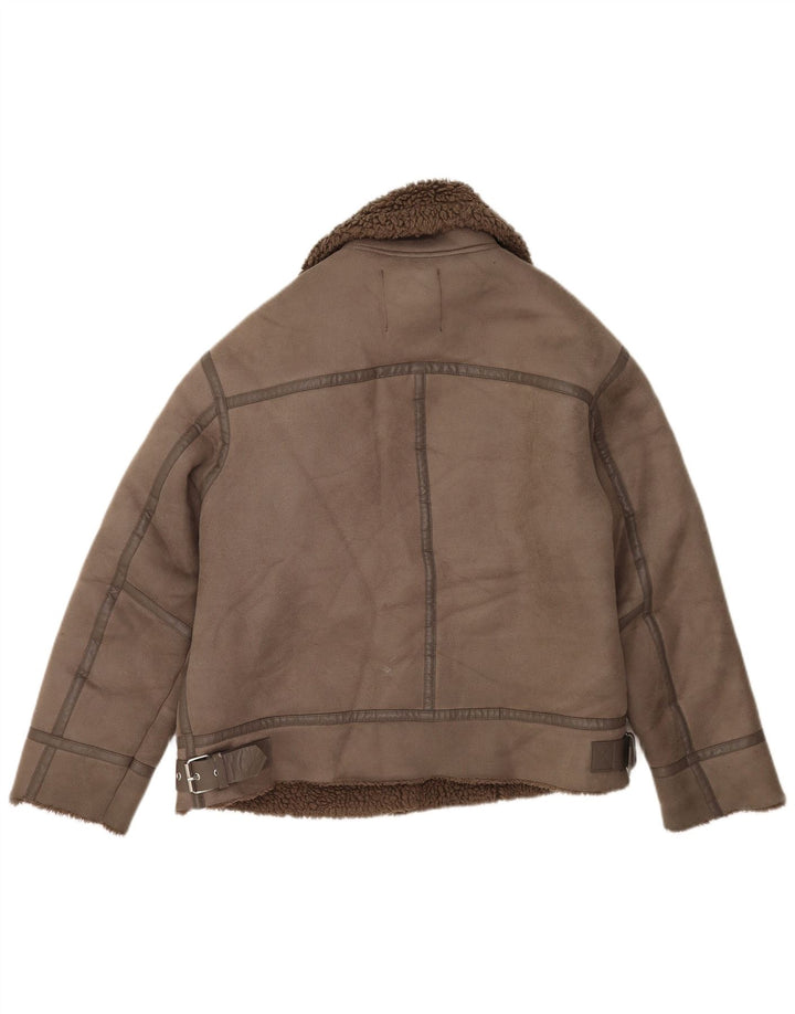 Zara Veste de motard surdimensionnée Sherpa pour femme UK 10 Small Marron