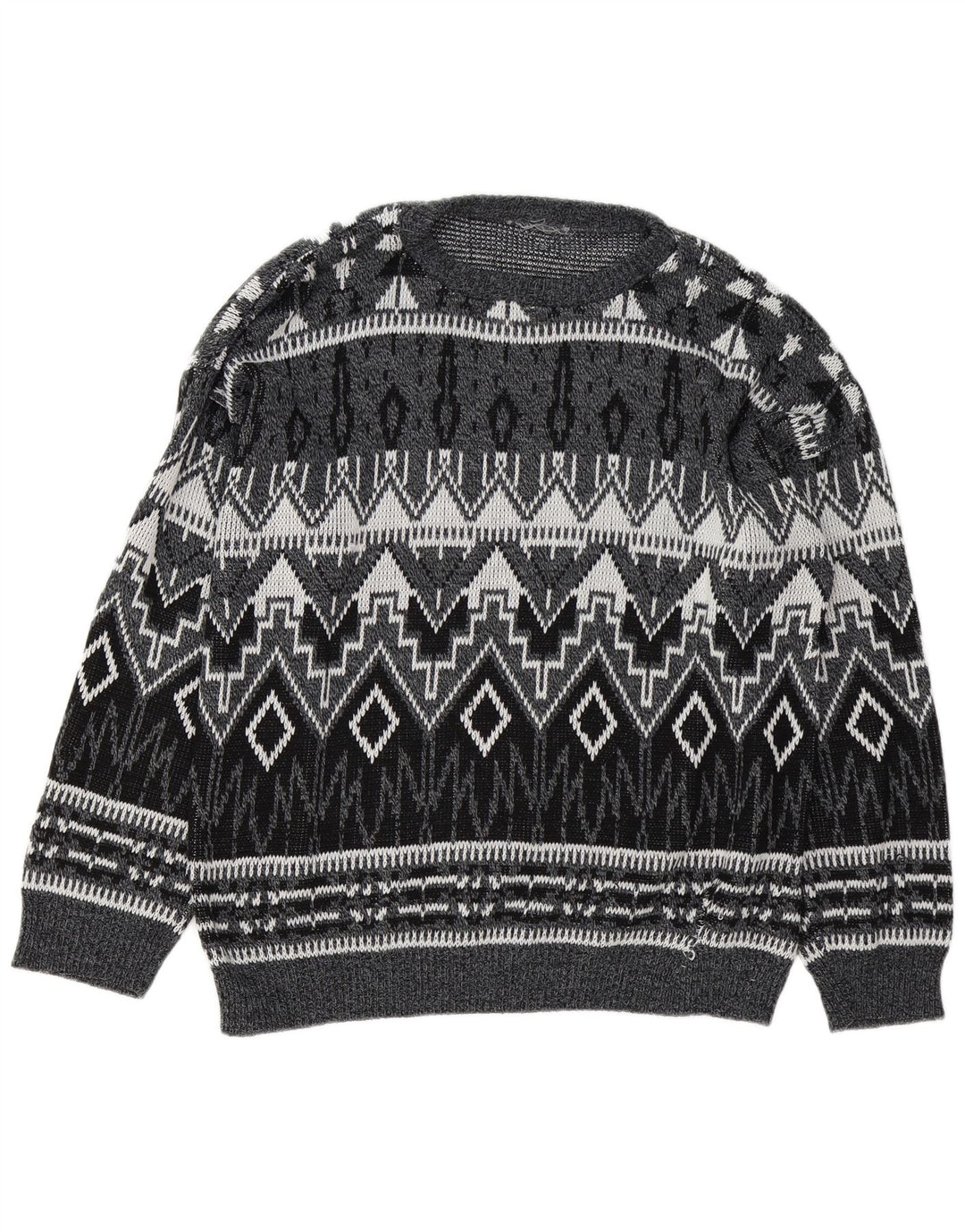vintage Mens Boat Neck Jumper Pull Grand Gris Géométrique