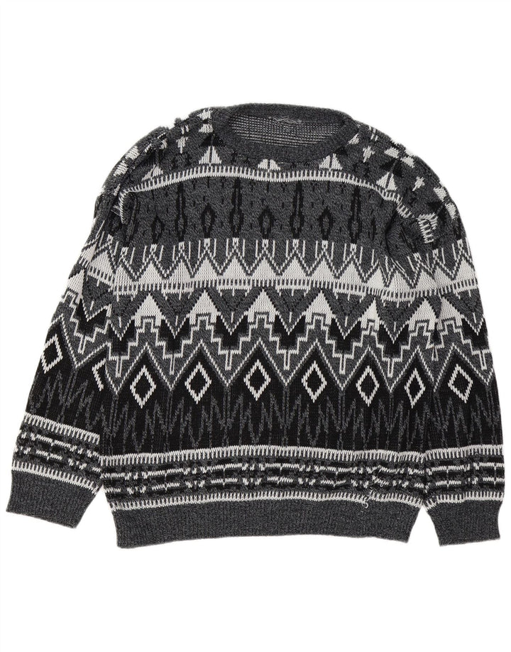 vintage Mens Boat Neck Jumper Pull Grand Gris Géométrique