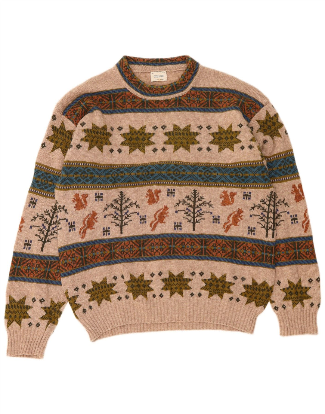 Benetton Pull à col rond en laine Fair Isle beige moyen pour homme