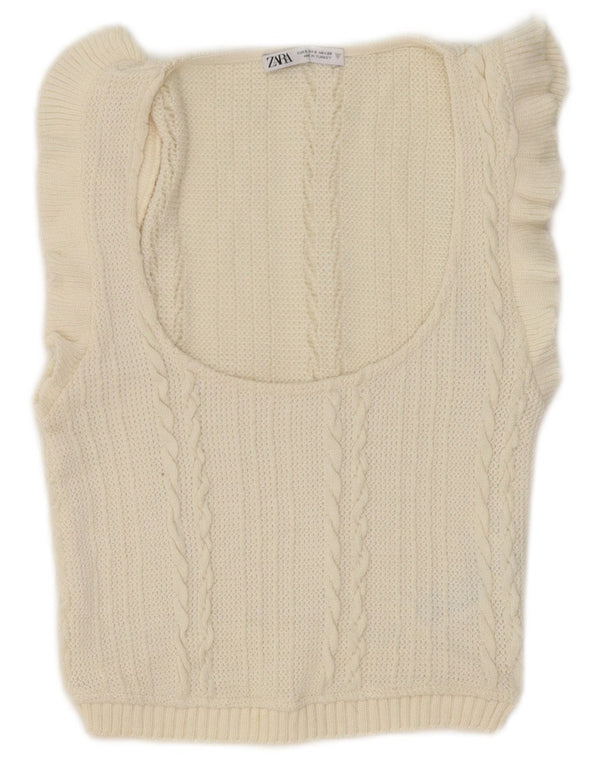 Zara Womens Crop Vest Débardeur UK 8 Petit Polyester Blanc Cassé