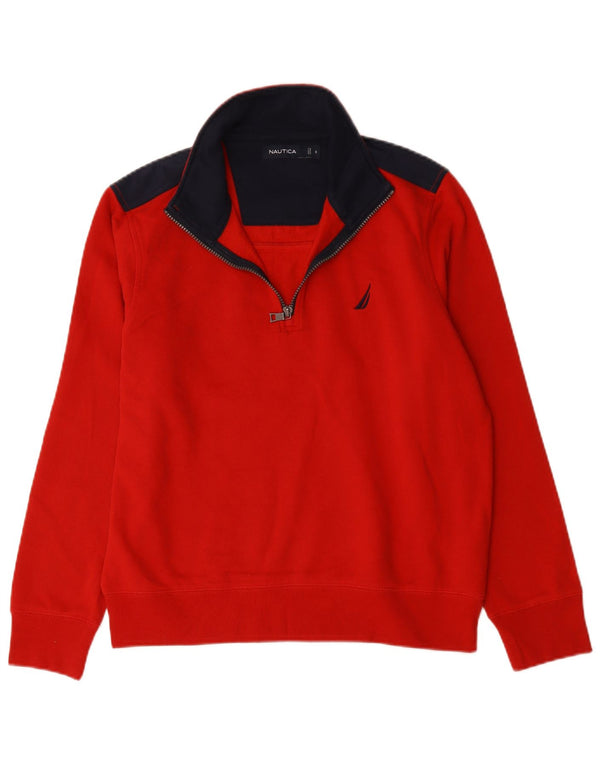 Nautica Mens Zip Neck Sweatshirt Jumper Small Red Colourblock Cotton