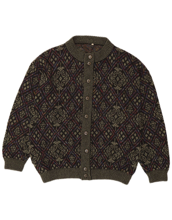 vintage Mens Cardigan Pull XL Kaki Fair Isle Laine