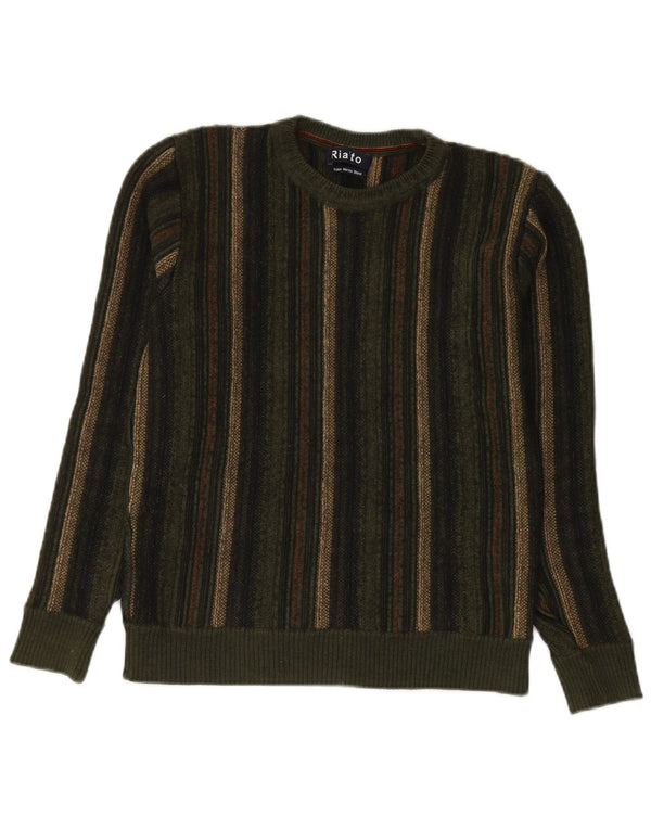 vintage Mens Crew Neck Jumper Pull Petite laine mérinos rayée verte