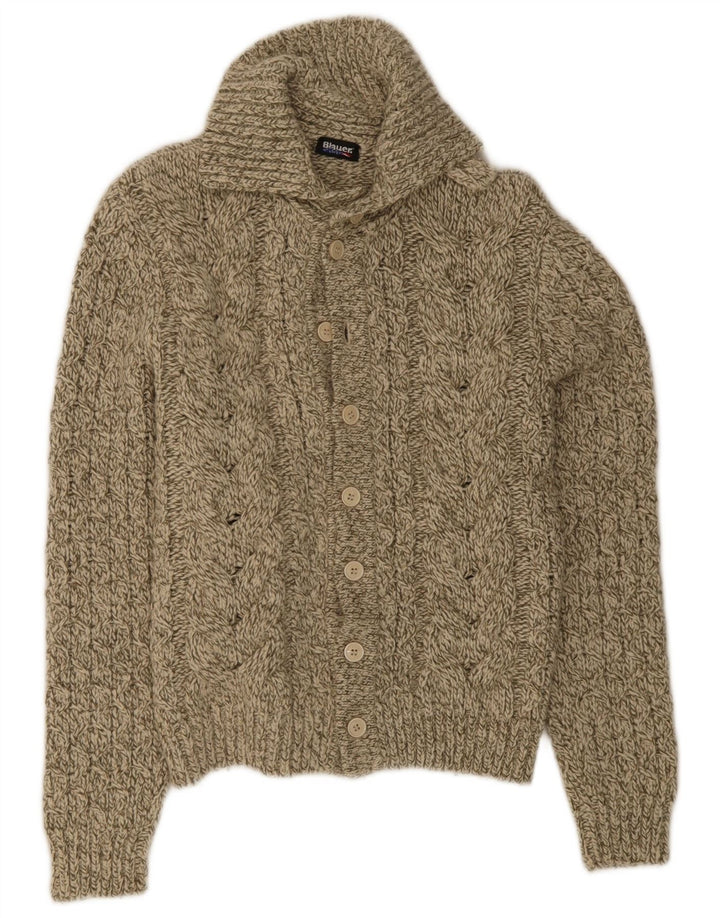 Blauer Cardigan Femme Pull UK 14 Laine Beige Moyen