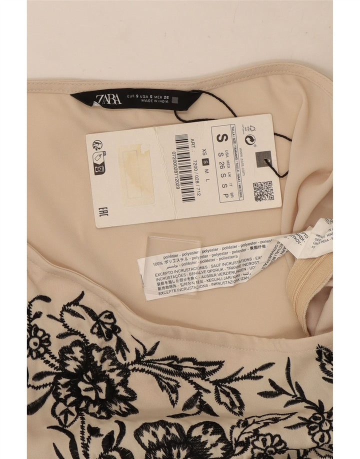 Zara Femmes Crop One Épaule Top UK 10 Petit Blanc Cassé Floral Polyester
