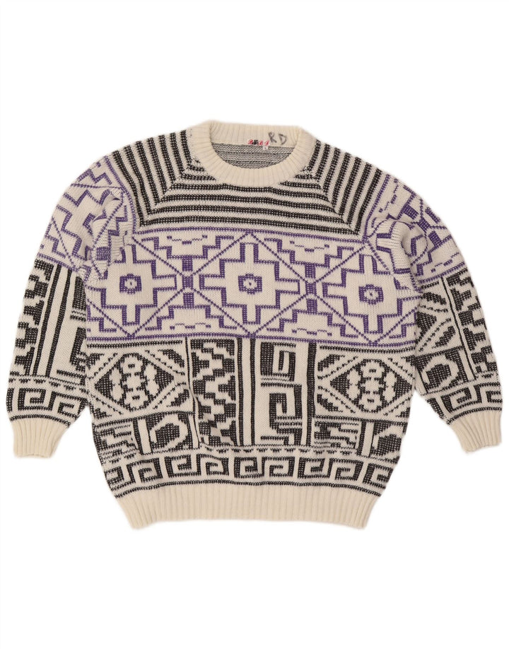 vintage Mens Crew Neck Jumper Pull Grande laine géométrique blanche