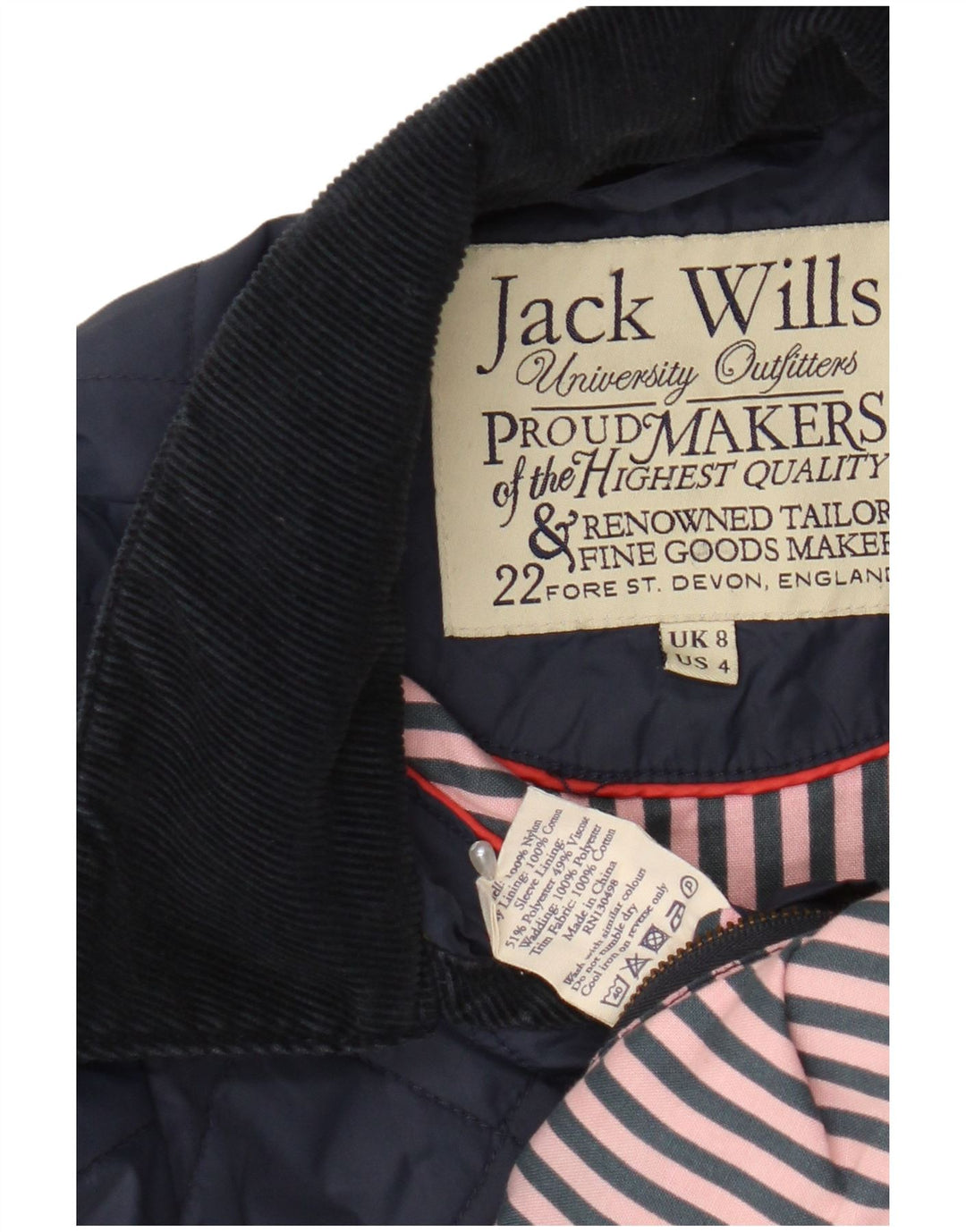 Jack Wills Veste matelassée pour femme UK 8 Petit nylon bleu marine
