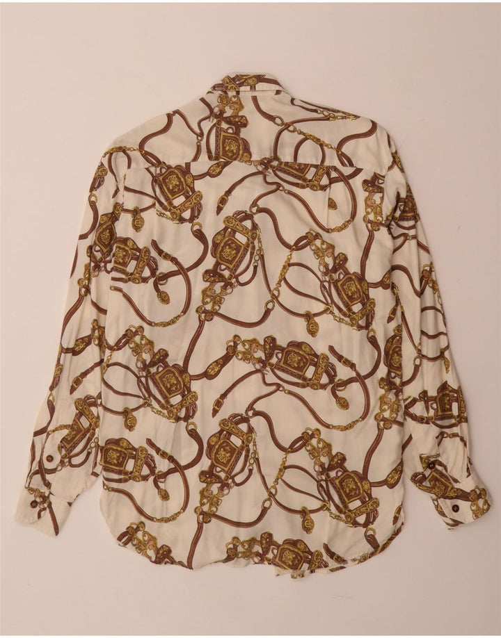 VINTAGE Femme Motif Abstrait Chemise Blouse UK 14 Grande Viscose Blanche