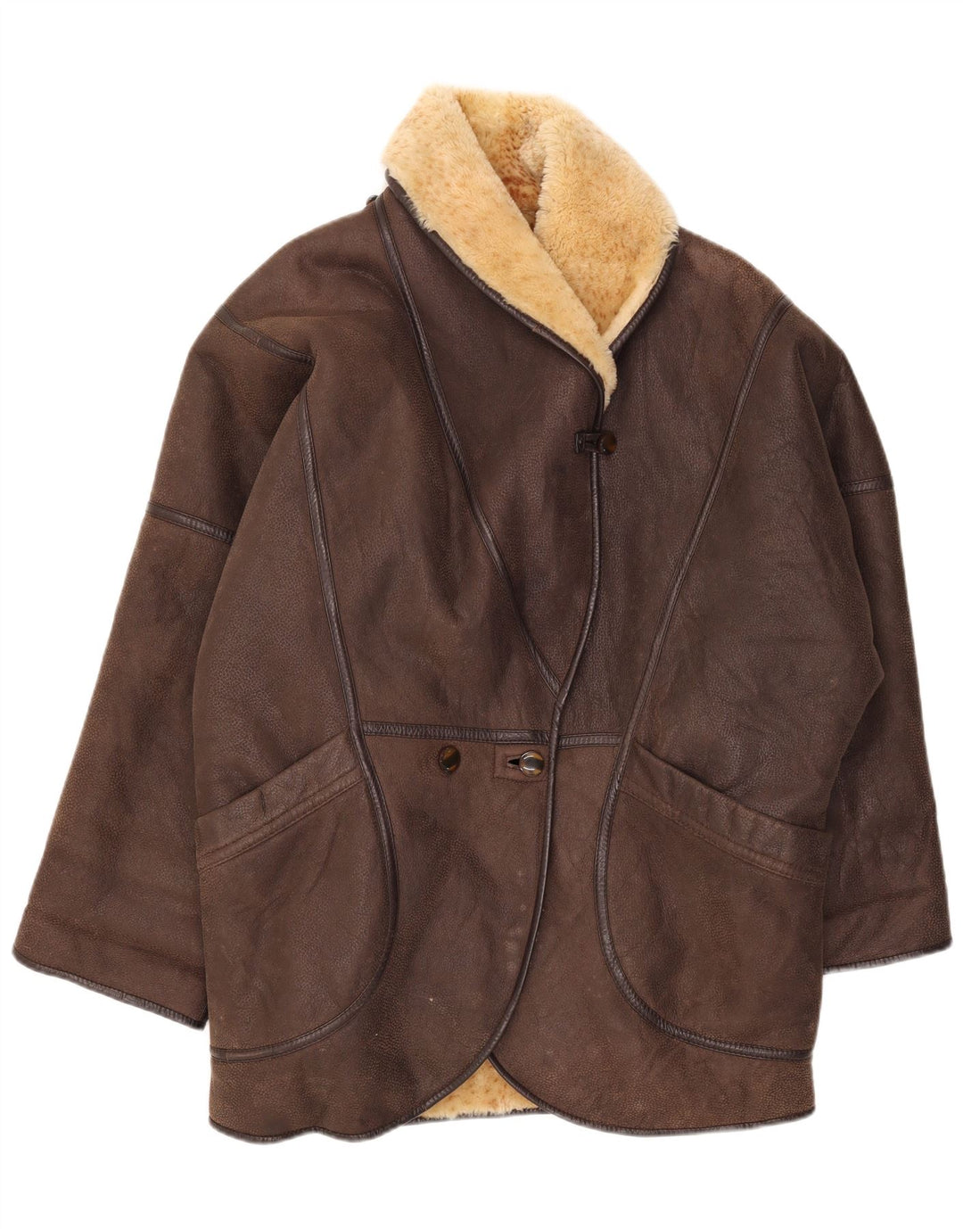 vintage Femme Manteau en peau de mouton surdimensionné EU 42 Grand Shearling Brun