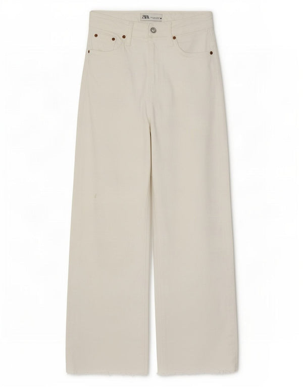 Zara Jean taille haute jambe large pour femme EU 34 2XS W24 L26 coton blanc