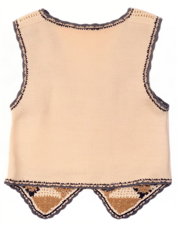vintage Womens Crochet Gilet UK 10 Petit Off White Géométrique Ramie