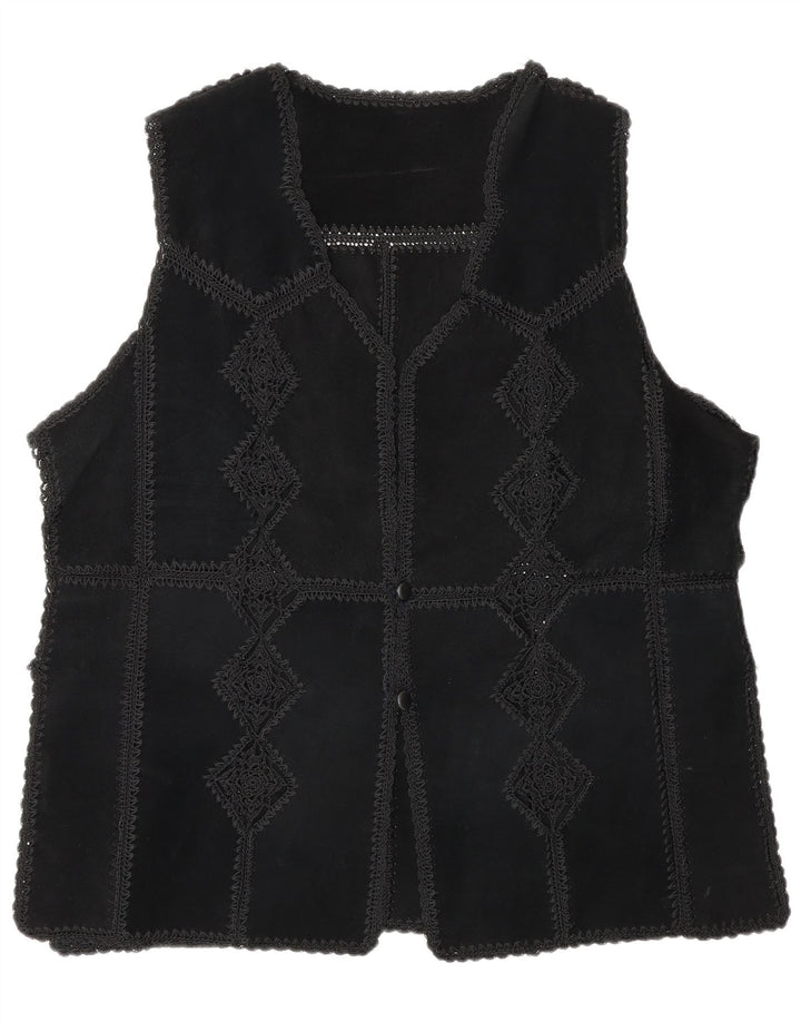 vintage Femme Daim Gilet UK 16 Grand Patchwork Noir