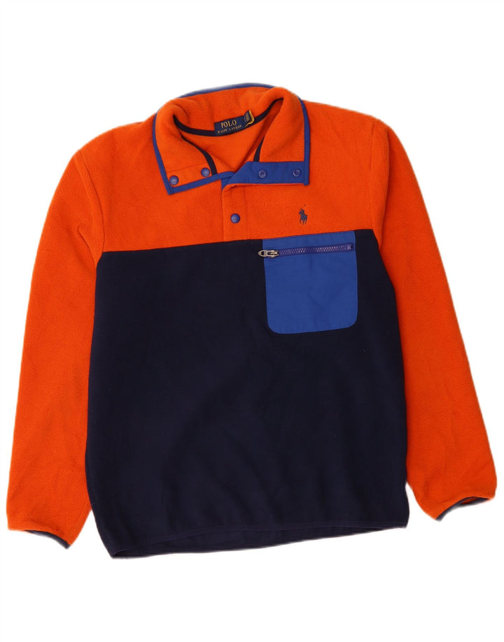 POLO RALPH LAUREN Pull en polaire à col boutonné pour homme Small Orange Colourblock