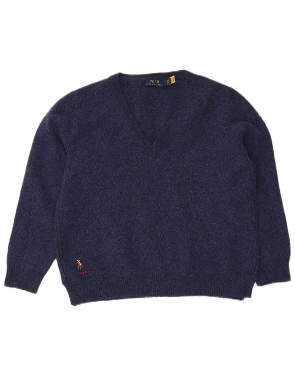 Polo Ralph Lauren Pull col en V pour femme UK 14 Grande laine bleu marine