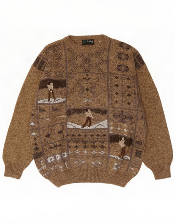 Tris Line Mens Graphic Crew Neck Jumper Sweater IT 54 XL Brown Fair Isle