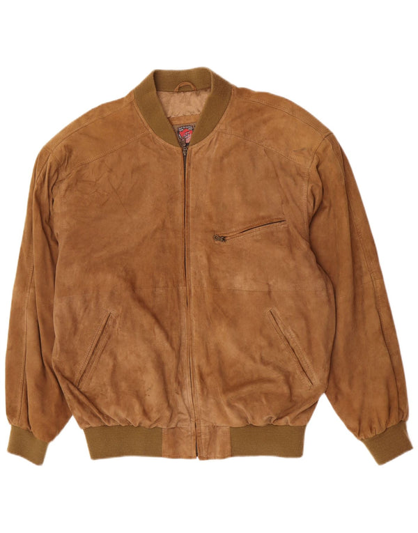 vintage Mens Bomber Suede Jacket UK 44 2XL Cuir Marron