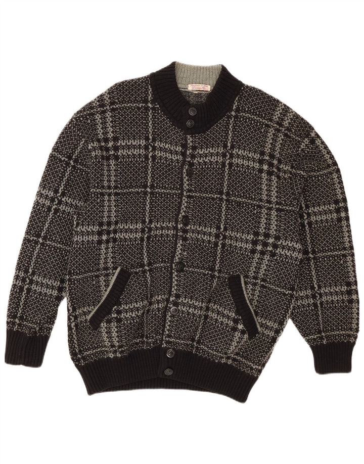 vintage Mens Cardigan Sweater IT 52 Grande laine à carreaux noirs