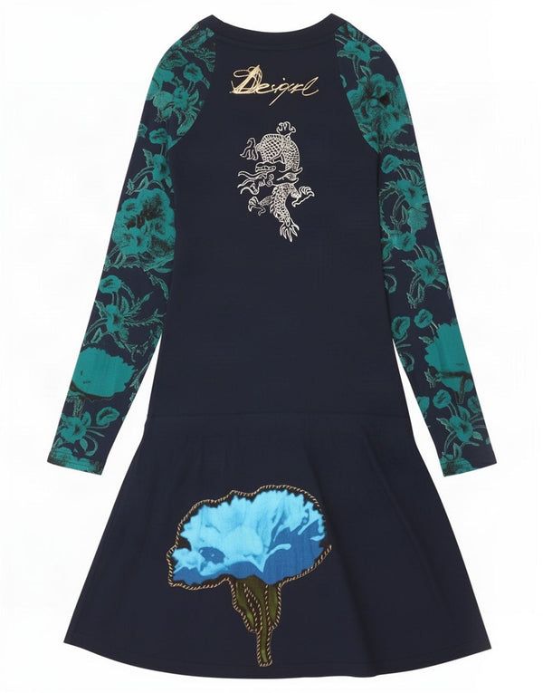 Desigual Robe trapèze graphique à manches longues pour femme UK 4 XS Bleu marine Floral