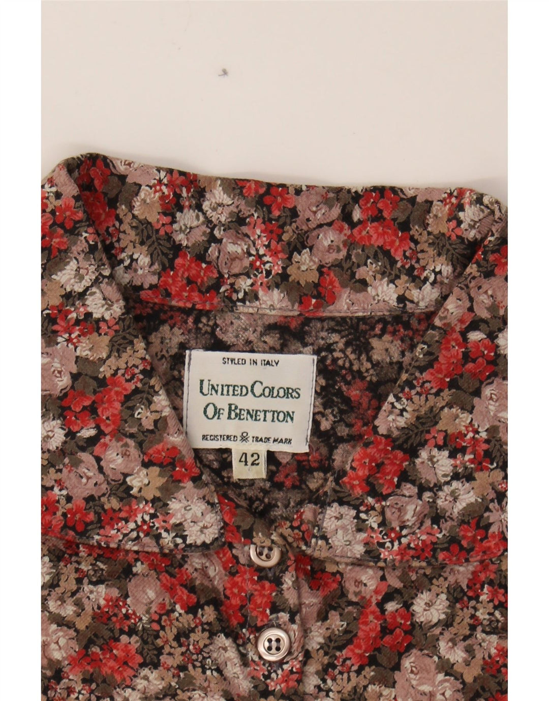 BENETTON Womens Shirt IT 42 Medium Red Floral Cotton Vintage Benetton and Second-Hand Benetton from Messina Hembry 