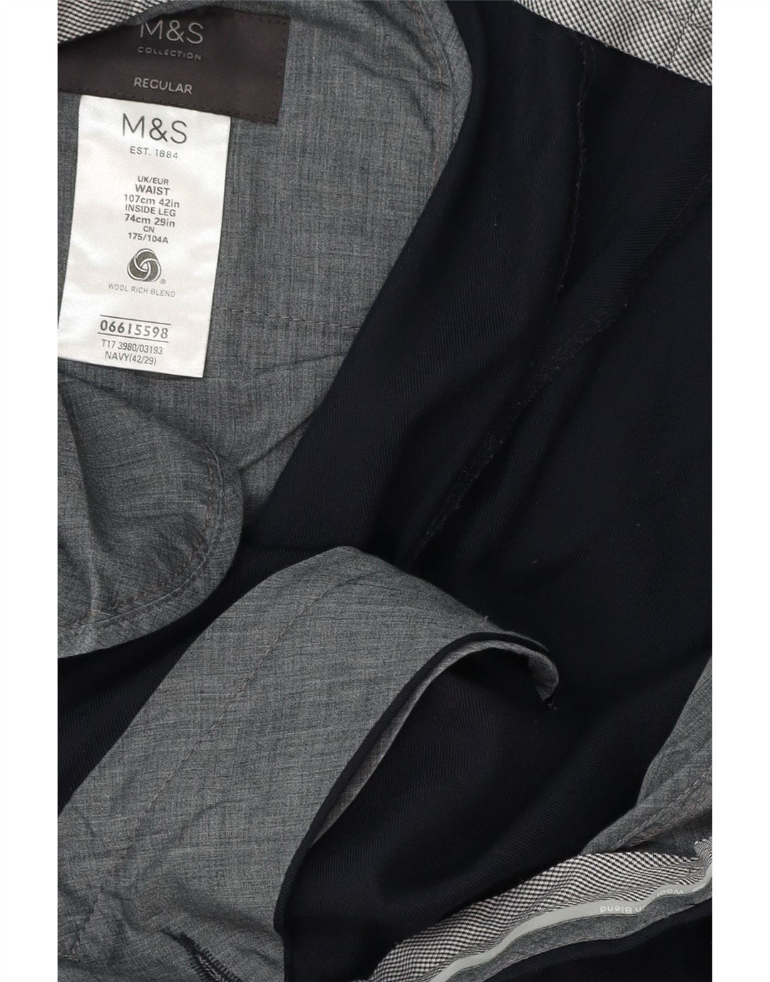 MARKS & SPENCER Pantalon de Costume Regular Fit Homme W42 L29 Laine Bleu Marine