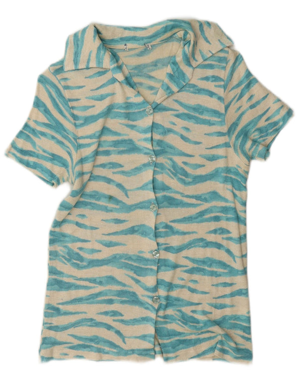 Chemise à manches courtes femme vintage UK 14 Viscose imprimé animal bleu moyen