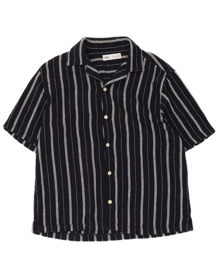 Chemise À Manches Courtes Homme Zara Homme Coton Rayé Bleu Marine Moyen