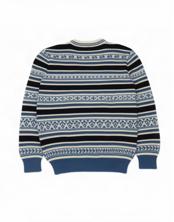 vintage Mens Crew Neck Jumper Pull Petit Bleu Fair Isle