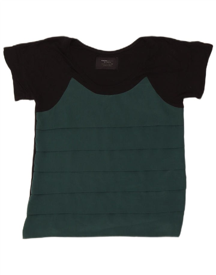 ZARA Femme T-Shirt Top UK 14 Large Vert Colorblock Polyester