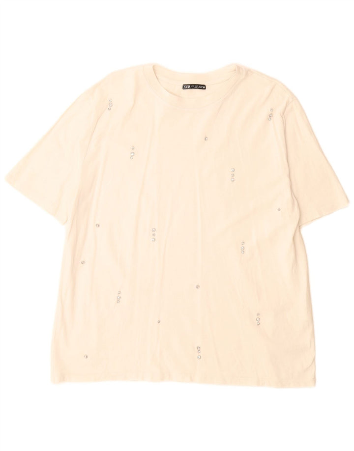 Zara T-Shirt Femme Top UK 14 Coton Blanc Moyen