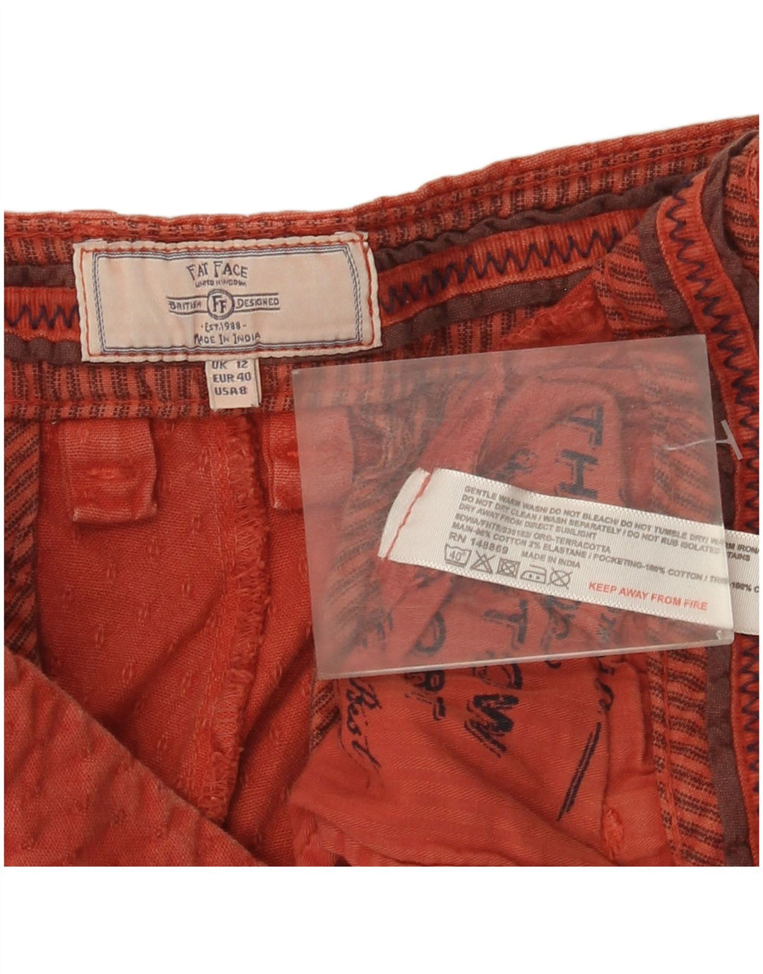 Fat Face Short Chino Femme UK 12 Moyen W32 Coton Rouge