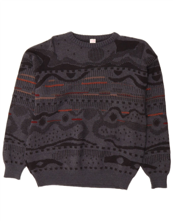 vintage Mens Crew Neck Jumper Sweater IT 48 Moyen Gris Géométrique